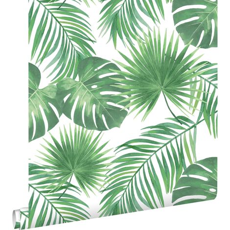 Papier peint intissé feuilles tropicales vert – Dimensions 53cm x 10,05m – Écologique avec encres à base d'eau – Raccord sauté – Estahome (1/5)
