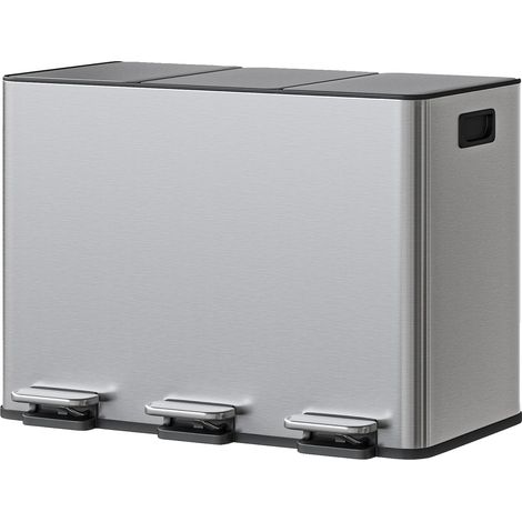 Pattumiera da cucina con pedale a chiusura ammortizzata, design a 3 scomparti, colore argento. (1/2)