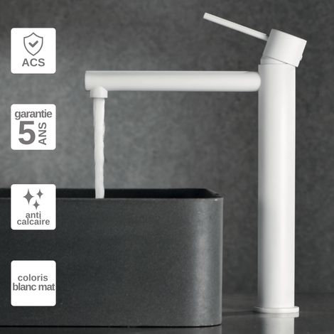 Robinet Mitigeur Lavabo Salle de Bain blanc mat – Bec Haut Anti-Calcaire – Design Moderne - MILOS STICK IMEX (1/4)