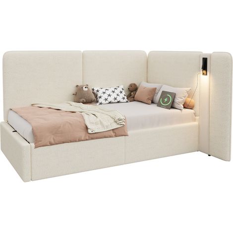 Letto a giorno 90x200 cm in tessuto bouclé beige con vano contenitore idraulico, lampada da lettura e porte USB-C, CHICFURN (1/5)