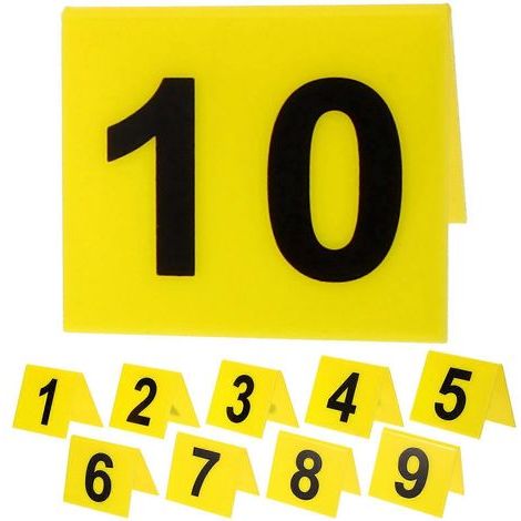 Set mit 10 wiederverwendbaren Acryl-Zahlenmarkern für Restauranttische und Spiele. – 6,30 x 5,50 x 0,20 cm – Gelb (1/4)
