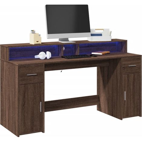 Desk with LED Lights Brown Oak 160x55x91 cm Engineered Wood vidaXL