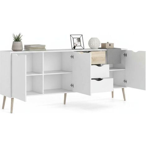 Dmora Aparador con tres puertas y tres cajones, blanco y roble, Medidas 195 x 81 x 39 cm, con embalaje reforzado (1/5)