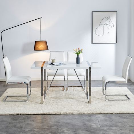 DESMIU Chaise de Salle à Manger Chaise Ergonomique Dossier en PU et lin avec Patins de Protection en Métal Blanc (1/4)
