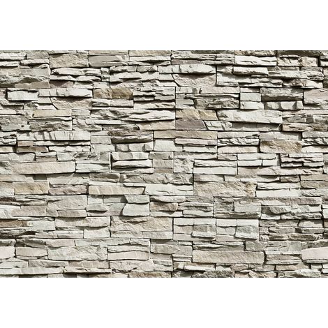 Papier peint panoramique brique gris | Tapisserie panoramique effet pierre grise pour salon | Poster mural brique pour cuisine - 366 x 254 cm (8 pièces) (1/2)