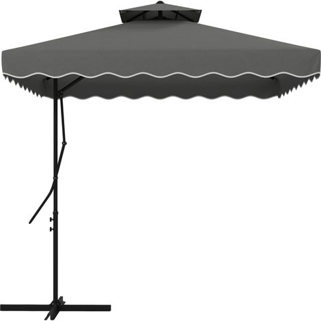 Parasol 243x243cm parasol de balcon avec protection UV, parasol déporté avec double toit et pied en croix, volants, 4 bras, Gris foncé