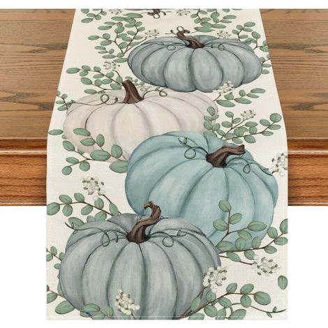 Chemin de table d'automne en eucalyptus à citrouilles bleues, décoration de table de cuisine saisonnière, 33x183 cm (1/5)