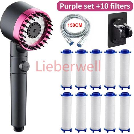Pommeau de douche massant haute pression 4 modes, pommeau de douche pluie avec arrêt à une touche et cartouche filtrante, accessoires de salle de bain (2 couleurs) (1/5)