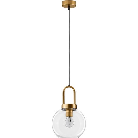 Merano Kansas 20cm Dôme Suspension Plafonnier Verre Clair Cordon Noir Laiton Doré Métal LED E27