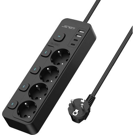 Power Strip, 4 Outlets, 2 USB-A Ports, 2 USB-C Ports, Individual Switches, 2m Cable, Home Office (1/5)