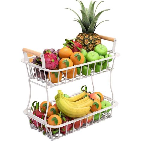 Corbeille à fruits 2 niveaux, pour la cuisine, métal pour fruits et légumes, poignées en bois, blanche (1/5)