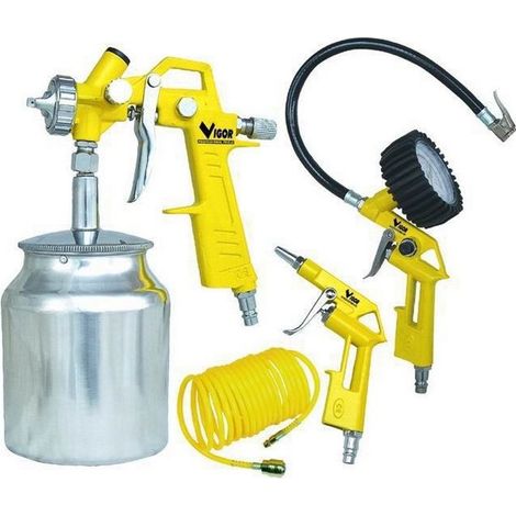 Vigor RP8031K4NS Kit Accessori per Compressore 4 Pezzi Aerografo Pistola Gonfiaggio con Manometro Tubo 5x8 m Terminali con Rubinetto Rapido colore Nero