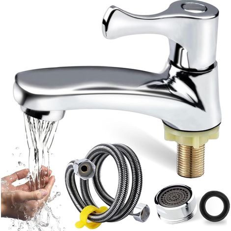 Robinet Lavabo, Mitigeur Salle de Bain à Levier Simple avec Tuyau de Raccordement de 60 cm, pour Les Toilettes, La Salle de Bain (Argent) (1/5)