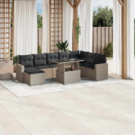 Set muebles jardín 9 pzas y cojines ratán sintético gris claro vidaXL (1/5)