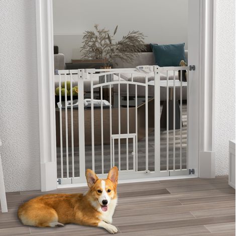 Barrière d'escalier avec chatière, fermeture automatique, 74-100 cm, blanche OKMYHOME (1/5)
