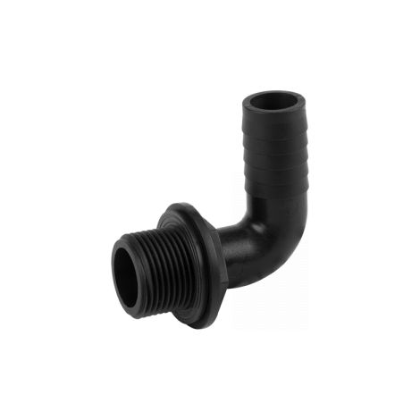 Conector angular para bombas, marca genérica, modelo GZ 1” a manguera 1”, uso en sistemas de riego y bombeo, instalación rápida, rosca metálica y alta resistencia