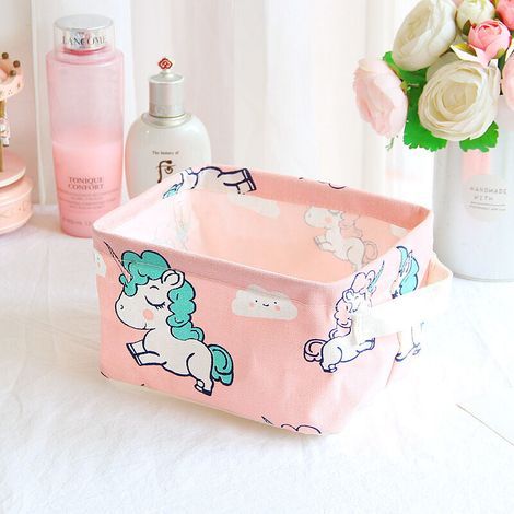 Boîte de rangement en toile de dessin animé avec revêtement imperméable, boîte de rangement de bureau Unicorn Pony(Rose) (1/5)