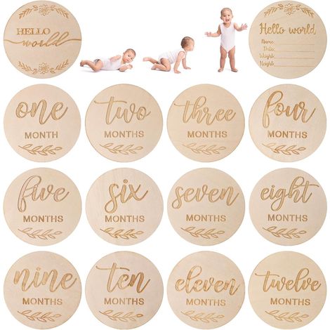 Tarjeta de bebé de madera, 14 tarjetas mensuales para niños desde el nacimiento hasta el año de edad, accesorios para fotos, caja de recuerdos, regalos para recién nacidos. (1/5)