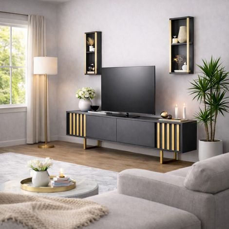 TV-Möbelset Gold Line Anthrazit Schwarz Melamin 180x48x30 cm