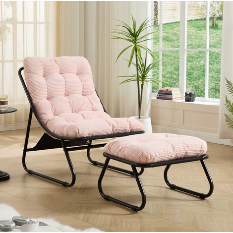 Relaxsessel für draußen 65x78x86 cm schwarzer Stahl, rosa Kissen, Fußhocker – MEUBLIV (1/5)
