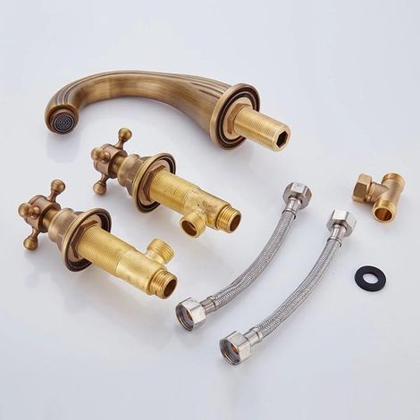 Robinet de cuisine en laiton antique à 3 trous et double poignée, mitigeur rétro durable pour évier (1/4)