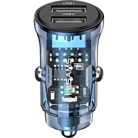 Caricabatterie da auto usams 3A a ricarica rapida con 2 porte USB-A, colore blu. (1/5)