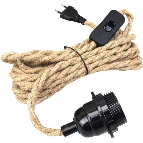 Lustre Corde de Chanvre Câble 4.5m, Douille Interrupteur avec Fil Cable Ampoule, DIY Suspension Luminaire Lampe Créative Lumière (1/4)
