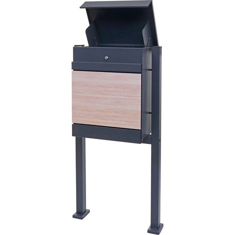 [NEUWERTIG] Paketkasten mit Standfuß HHG-125, Paketbox Paketstation Standbriefkasten, Metall verzinkt anthrazit-Holzoptik