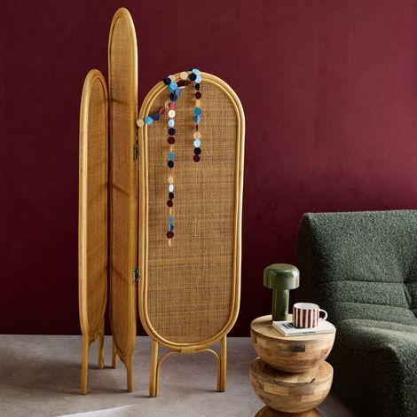Paravent pliable intérieur en rotin et cannage. bois naturel. vintage