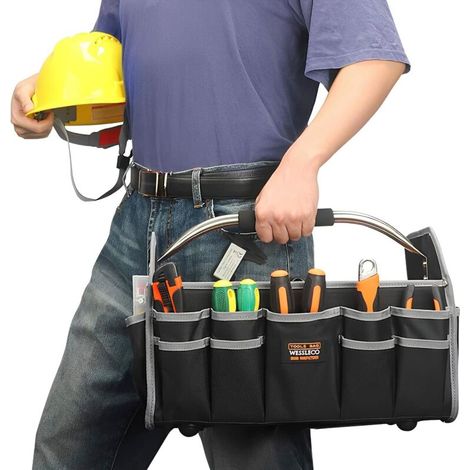 Sac fourre-tout à outils ouvert, pliable, pour électricien, résistant à l'eau, avec bandoulière réglable, en matériau renforcé, multiples poches, organiseur d'outils (noir)