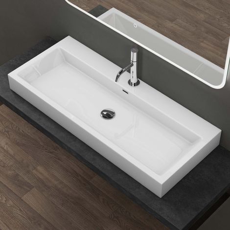 doporro Design Aufsatzwaschbecken Hängewaschbecken Waschbecken Weiß BTH 100x42x10 cm Waschtisch aus Mineralguss Colossum06