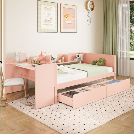 Letto singolo 242x114x73 cm, con scrivania integrata, 2 cassetti, scaffali, legno di pino, rosa (1/5)