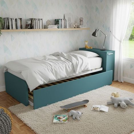 Letto singolo con secondo letto estraibile e testata testiera contenitiva - 80x190 - Verde Petrolio