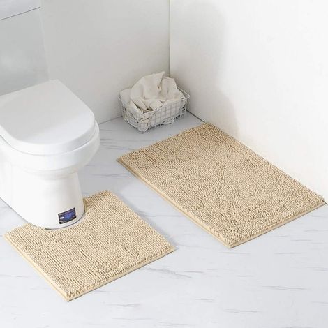Tapis De Bain Anti-Dérapant - Tapis De Salle De Bain 50x80 cm - Tapis De Toilette 50x50 cm - En Microfibre Chenille - Lavable En Machine - Lot De 2 Pièces - Kaki (1/5)