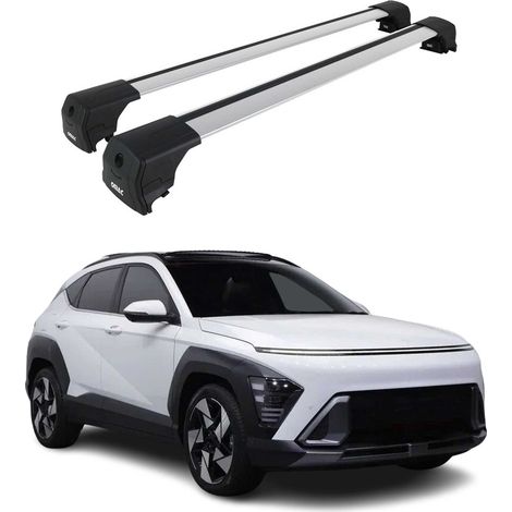 OMAC Aluminium Dachträger Querträger für Hyundai Kona II 2024-2026 – City Crash – ISO/PAS 11154:2006 – Abschließbar – Max. 75 kg – 2 Stangen Silber
