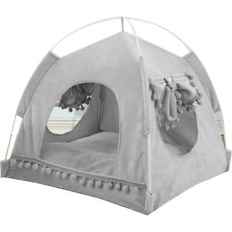 Indoor-Katzenbett für kleine bis große Katzen, Höhlenbett-Zelthaus, einfach aufzubauen - Groß, grau, superweich und flauschig.