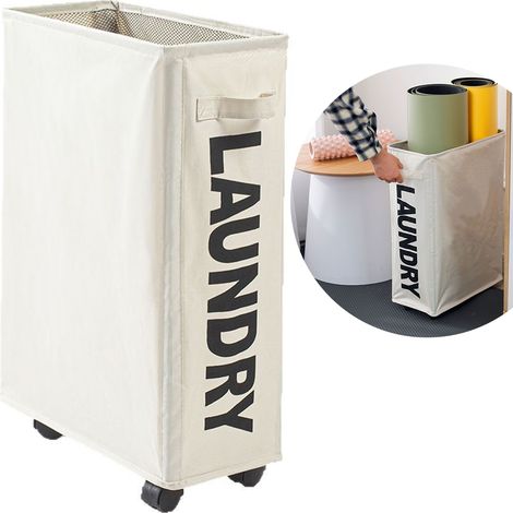 Faltbarer Wäschekorb mit Rollen, beige, 42 l, für enge Ecken, 39 x 19 x 57 cm (1/5)