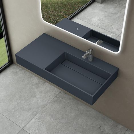 doporro Waschbecken Waschtisch 90x48x13 cm mit verstecktem Ablauf in matt Anthrazit aus Mineralguss als Aufsatzwaschbecken und Hängewaschbecken geeignet Colossum12-R