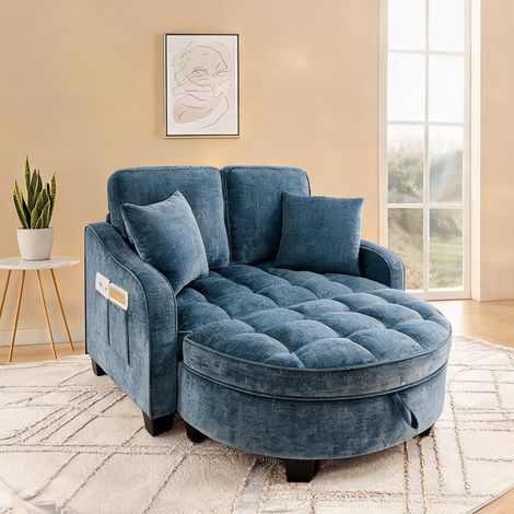 Canapé convertible 2 places avec coffre en bois d'eucalyptus bleu (1/5)
