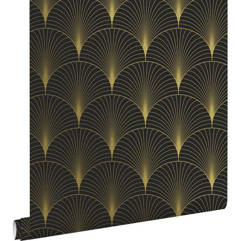 Papier peint art déco noir et or – Motif répétitif tous les 17.6 cm – Dimensions 53 cm x 10.05 m – Facile à poser intissé – Estahome
