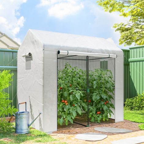 Serra da giardino in PE, serra da balcone, copertura rinforzata da 135 g/m², struttura in acciaio, porta con cerniera, 200 x 140 x 200 cm, bianca (1/5)