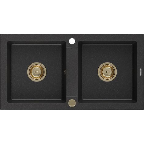 Mexen Mario évier en granit à 2 cuves 820 x 436 mm, Noir/ Argent métallique, siphon Or - 6504822000-73-G (1/5)