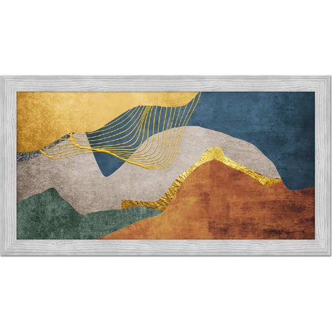 Lupia - Quadro moderno, per soggiorno camera da letto, con cornice BOSTON colore GREY, 60x110 cm, COLORFUL DESERT stampa su pannello in legno, stile astratto blu, verde marrone oro (1/4)