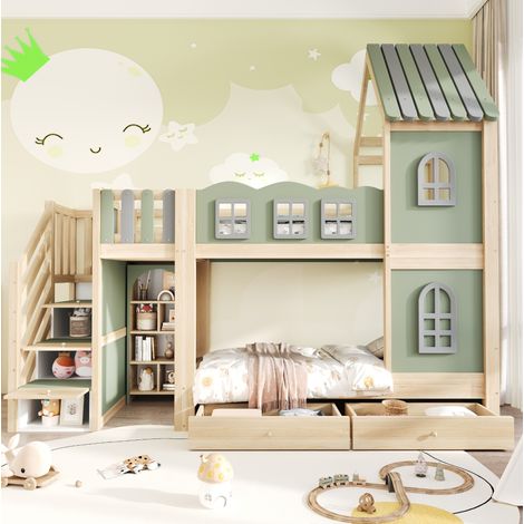 Letto a castello bambini 90x200 cm in legno con tetto, scala e cassetti, verde HAVRYA (1/5)