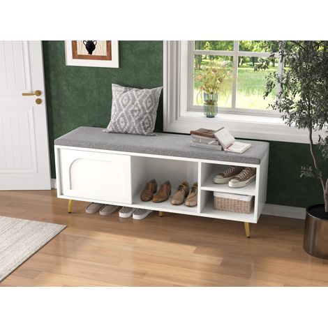 Banc à chaussures avec rangement, siège rembourré, blanc, 121 x 35 x 49 cm HAVRYA (1/5)