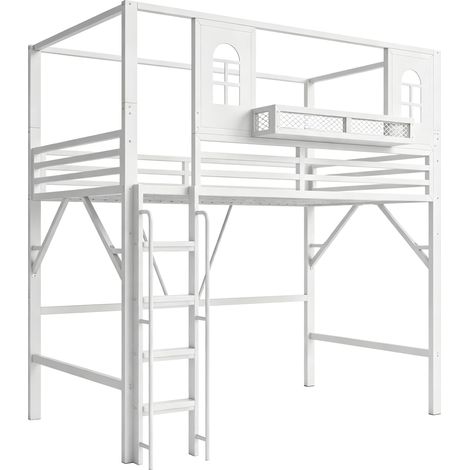 Cama alta infantil 90 x 200 cm de metal y MDF con techo, escalera y estante MODENUIT (1/5)
