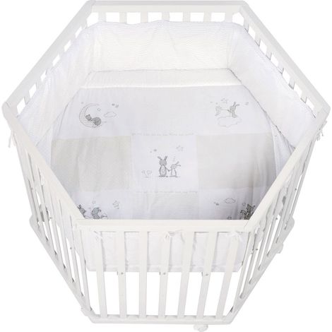 Parc hexagonal - ROBA - FOX & BUNNY - De la naissance jusqu'a 15 kg - Réglable - Roulettes - Blanc laqué (1/5)