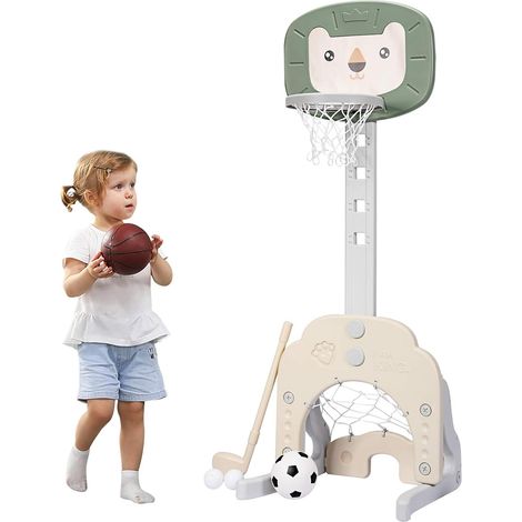Basket per Bambini Centro attivita Multifunzione - Palla Canestro, Calcio e Golf, Mazza da Golf e Palle incluese, per Bambini, Altezza Regolabile (Leone Verde) (1/5)
