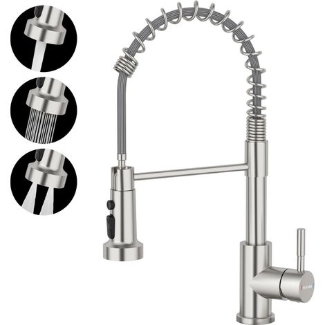 BLYLUND Brushed Nickel Kitchen Tap with Pull Down Sprayer, High Arc Commercial Spring 3 Modes Kitchen Sink Tap (1/5)