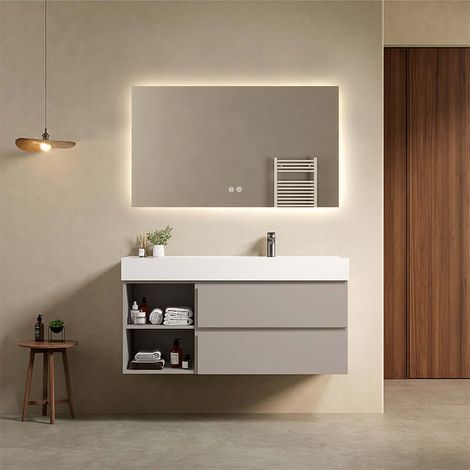 Mobile bagno sospeso 120 cm Grigio Cenere Lavabo a Destra in Resina Specchio Quadro Retroilluminato - Fiji Paint Plus (1/4)
